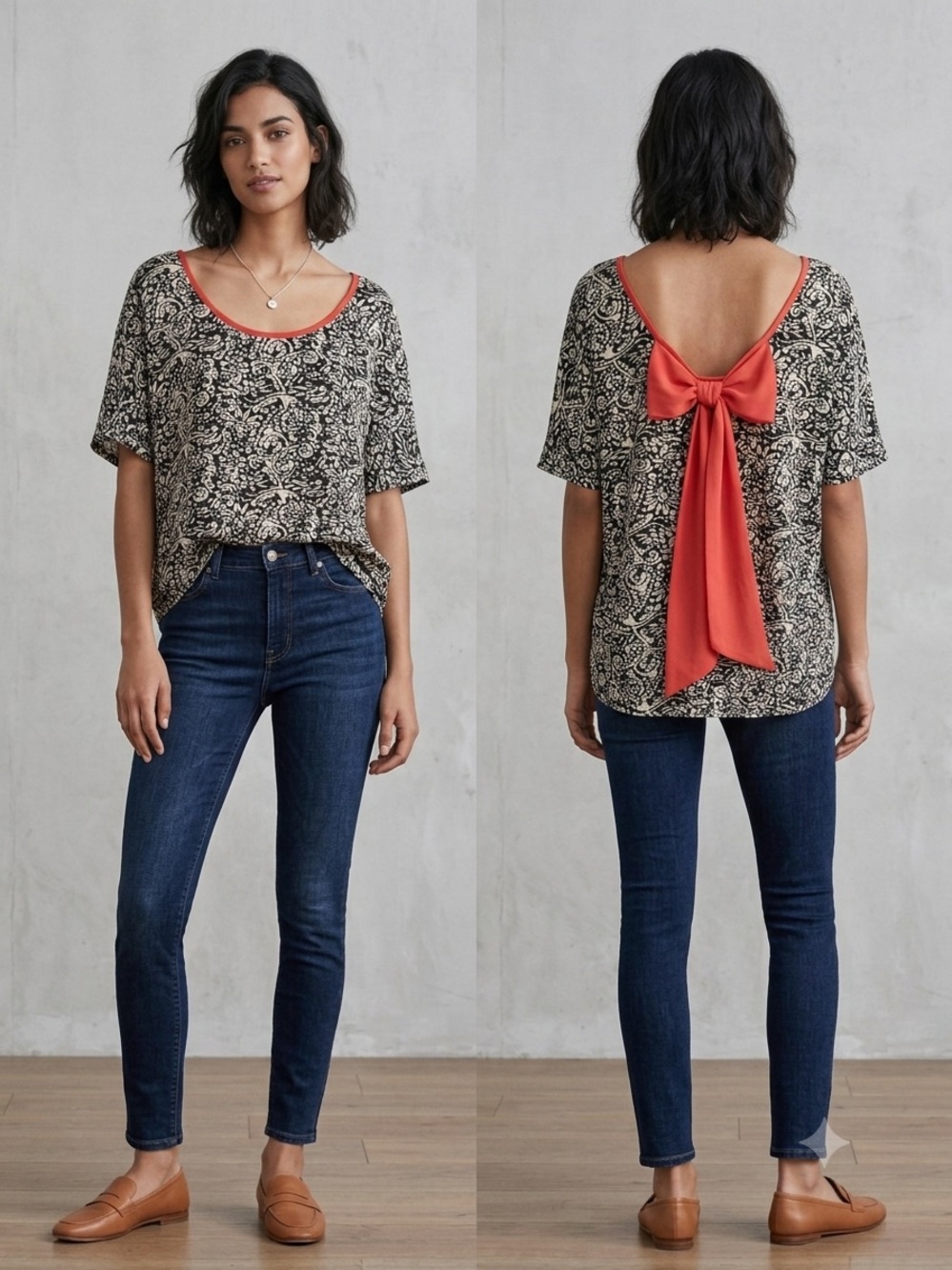 Miami Gray and Cream Patterned Top, red bow tie back
